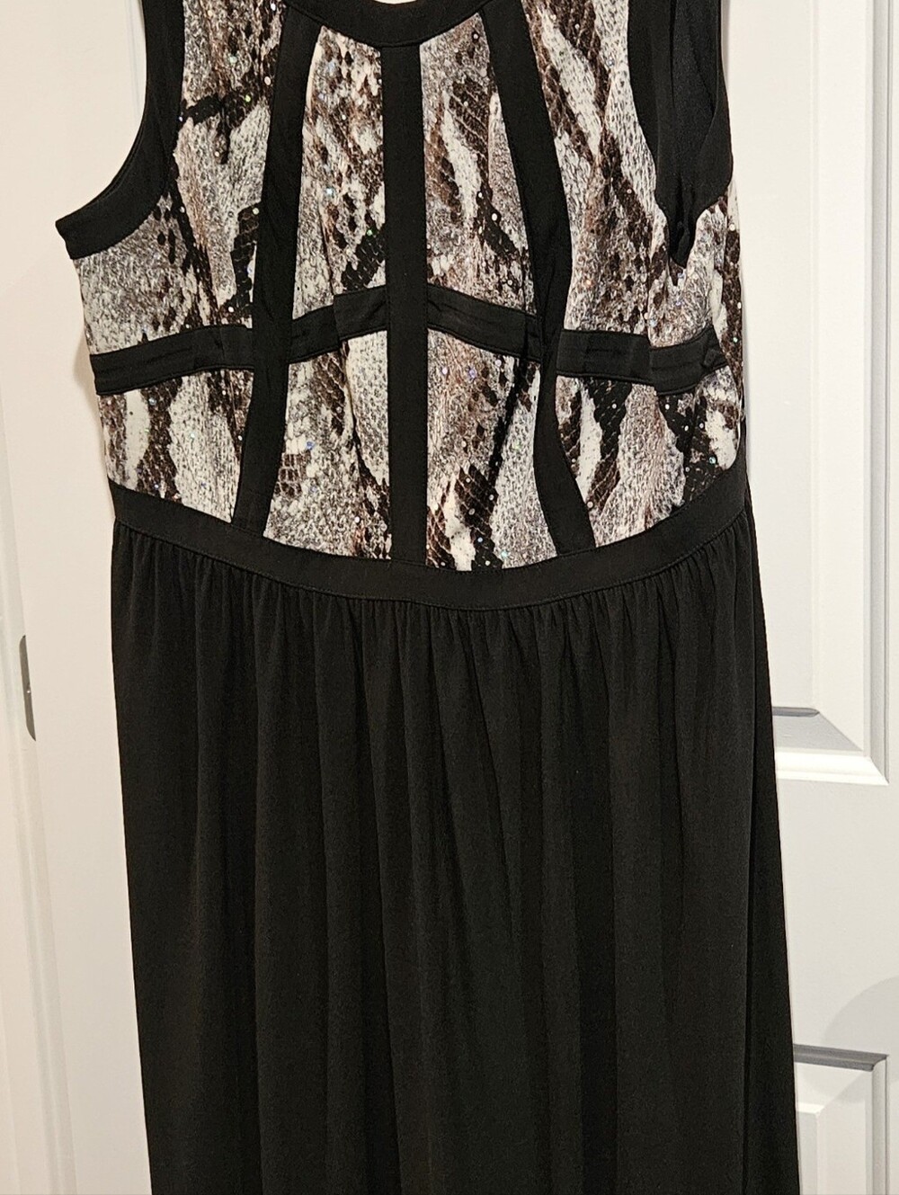 R & M Richards Black Dress with Silver Sequin Snake-Print Panels